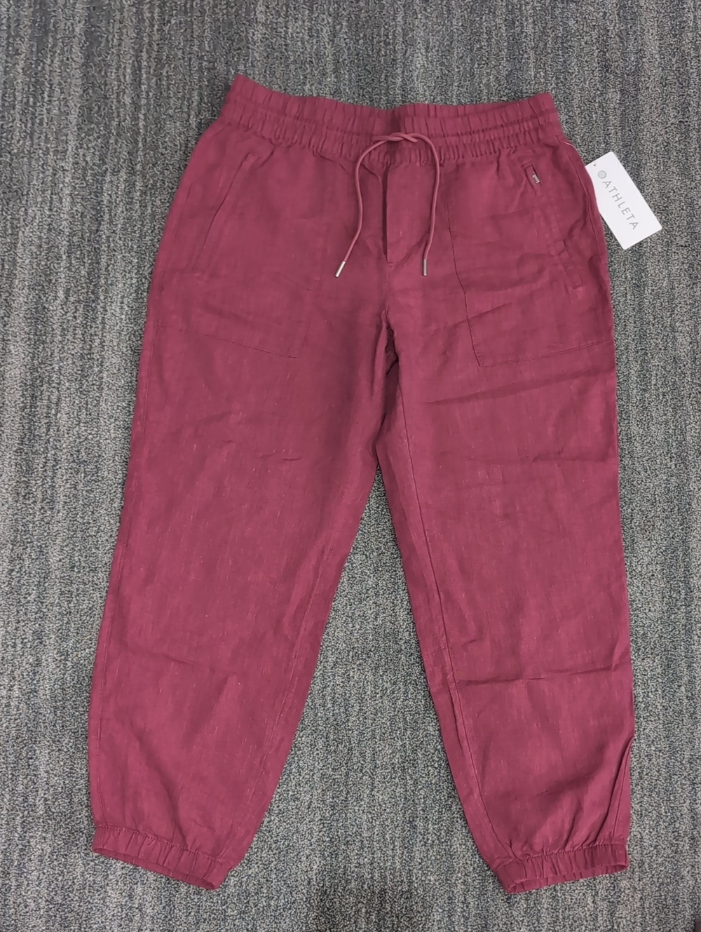 NWT Athleta Retreat Linen Pant Maroon Berry Drawstring Joggers 10P 10 Petite